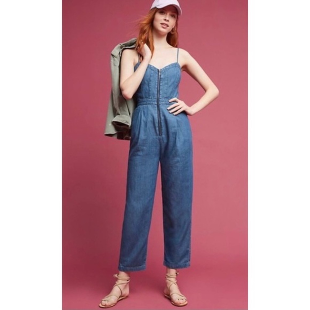 Anthropologie Pilcro and the Letterpress Denim Jumpsuit Zipper Spaghetti Strap